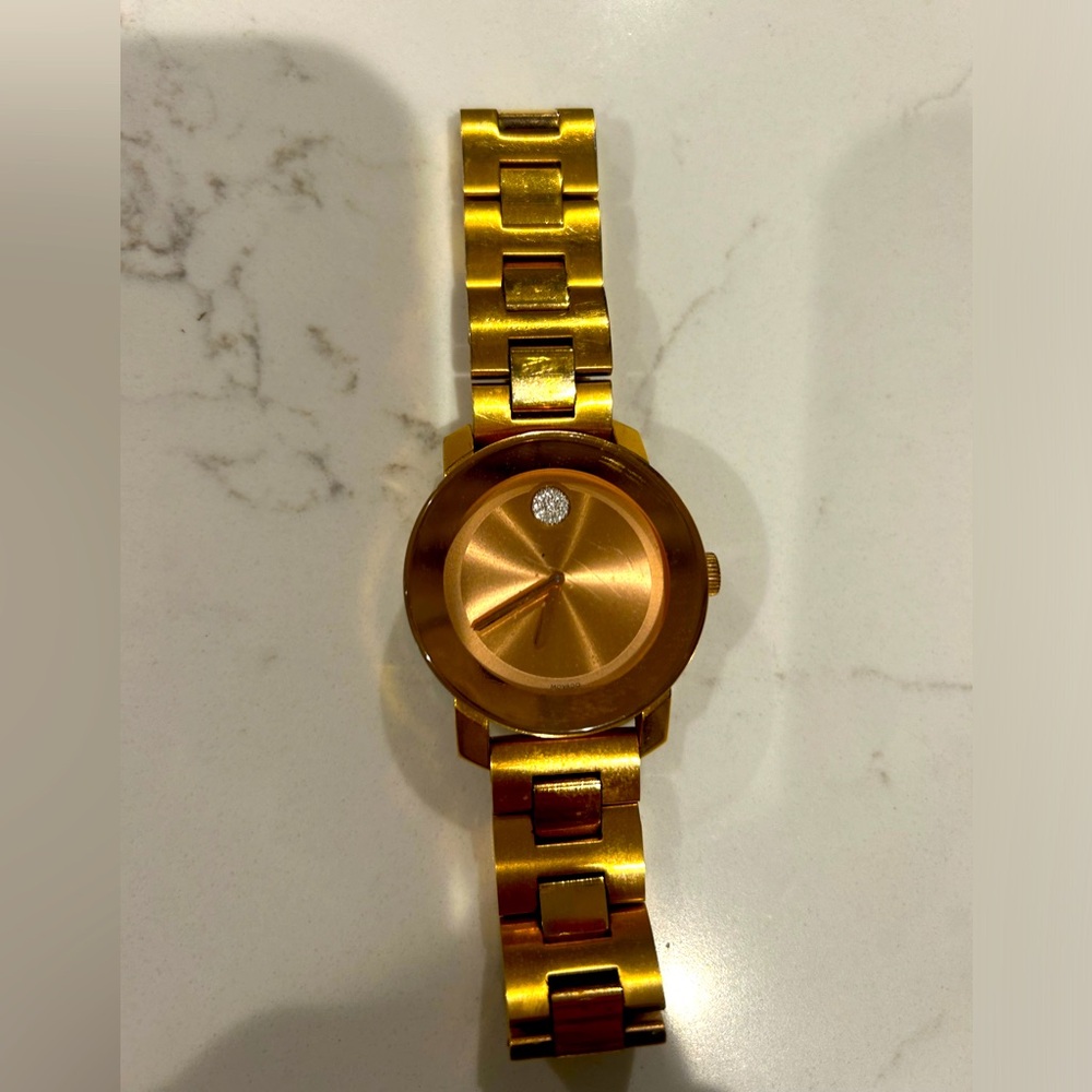 Women’s Movado Rose Gold Quartz Watch Large Crystal at 12 on face